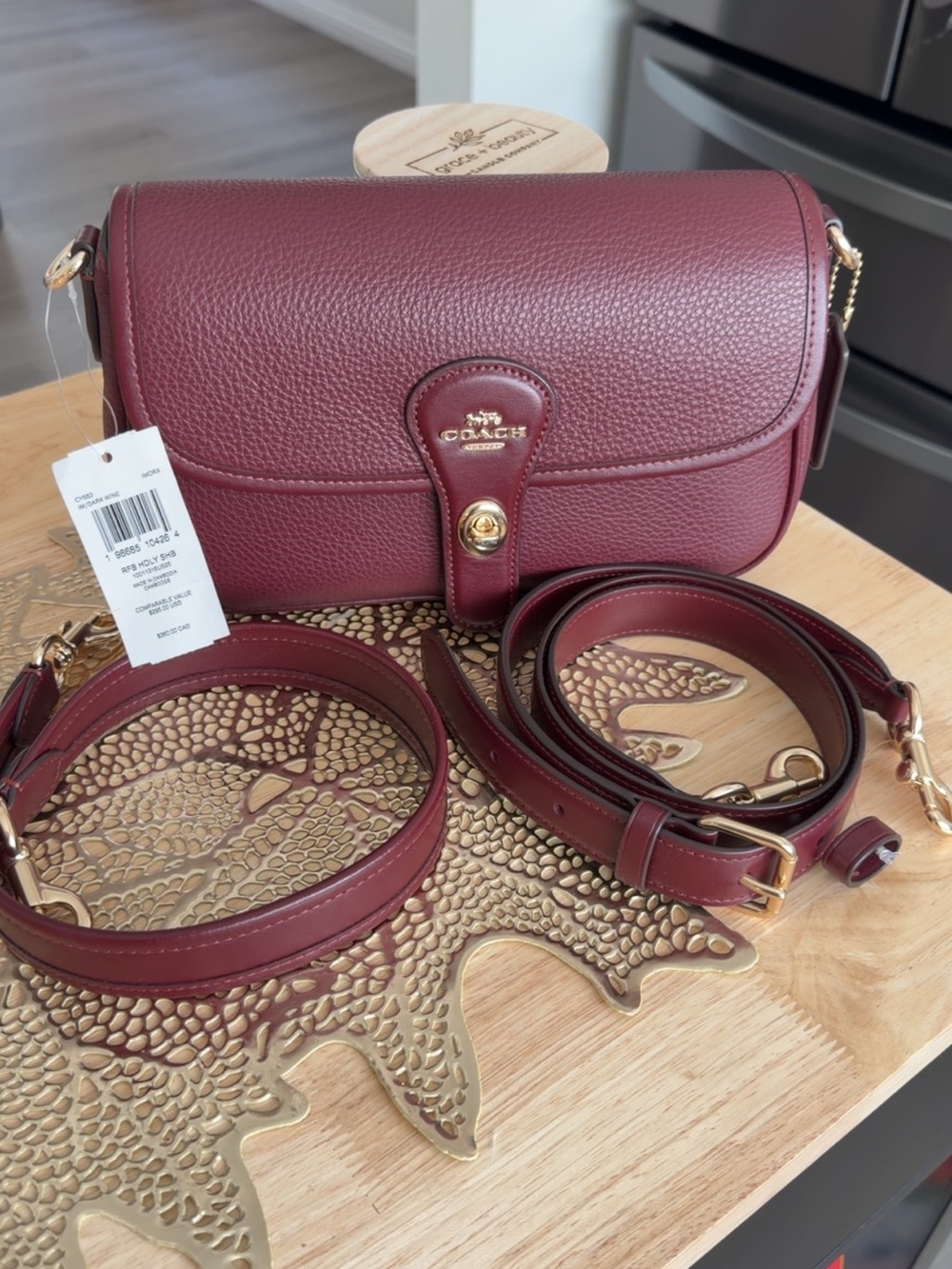 COACH Pebbled Leather Crossbody in Bordeaux/Plum with Gold Hardware
